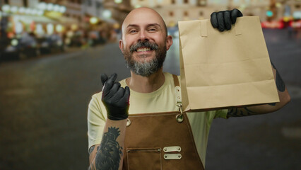 Bald man with beard wearing apron and gloves holds paper bag on urban street at night, showcasing...