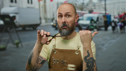 Man with beard and tattoos wearing apron holds scissors and points thumb on urban street with...