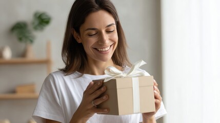 Smiling Woman Opens a Gift Box with White Ribbon