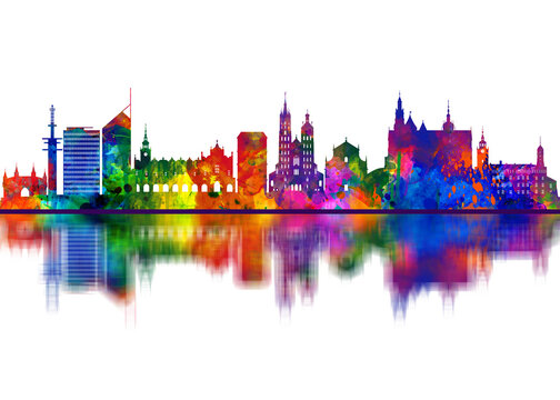Krakow Poland Skyline. Cityscape Skyscraper Buildings Landscape City Downtown Abstract Landmarks Travel Art