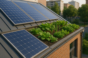 Close-up view of rooftop solar panels surrounded by potted plants and small herb gardens in morning sunlight