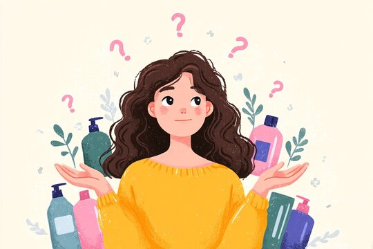 ILLUSTRAZIONE VETTORIALE DI DONNA INDECISA SUI PRODOTTI PER CAPELLI