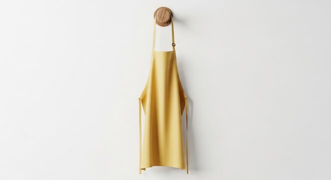 Minimalist yellow cooking apron on a white wall with a wooden hook for a brand mockup