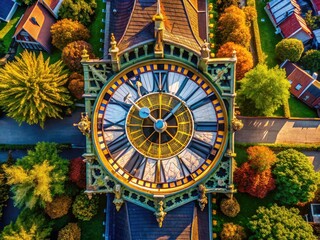 Overhead, a drone films a timelapse of a clock at three o'clock, its hands precisely aligned, a striking aerial view.