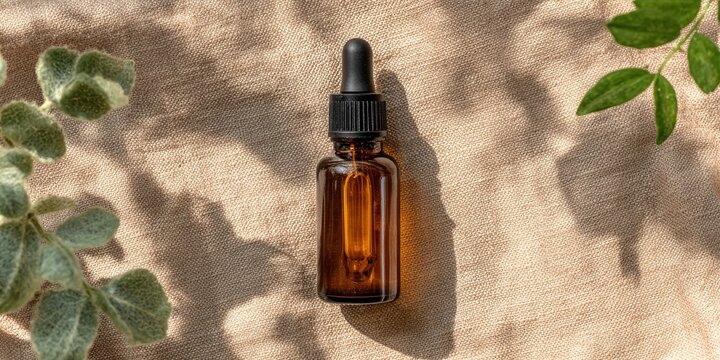 FLACONE AMBRATO CON CONTAGOCCE SU SFONDO NATURALE