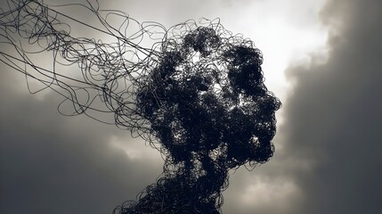 Abstract silhouette of human head filled with tangled wires or clouds. Concept : Mental health, anxiety, overthinking, emotional stress, cognitive overload, psychological struggle, abstract expression