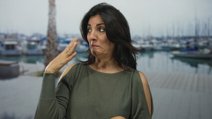 Fototapeta premium Woman pinches nose with her hand at port pier wearing green sweater while looking aside into sea breeze; disgust.