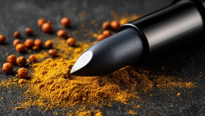 Dark lipstick nestled in turmeric powder, surrounded by red peppercorns