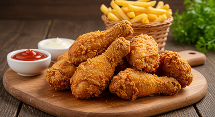 Delicious Crispy Fried Chicken Served with French Fries and Dipping Sauces on a Rustic Wooden Table