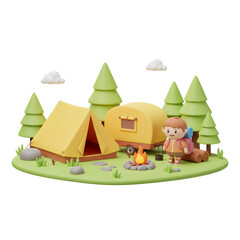 Cartoon Camping Scene with Yellow Tent Campfire and Backpackers in Forest 3D Render
