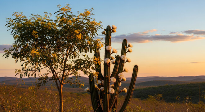 Flowering Mandacaru and Juazeiro Tree in Brazilian Sert&atilde;o