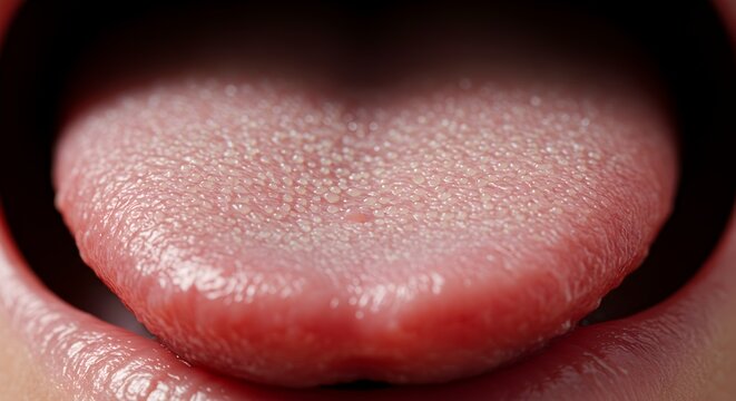 Close up of a human tongue displaying papillae and oral anatomy in detail