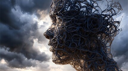 Abstract silhouette of human head filled with tangled wires or clouds. Concept : Mental health, anxiety, overthinking, emotional stress, cognitive overload, psychological struggle, abstract expression
