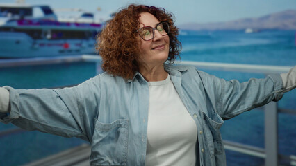 Fototapeta premium Woman relaxing on seaside promenade with open arms enjoying outdoor view of ocean with boats in background wearing casual denim and glasses reflecting happiness and freedom.