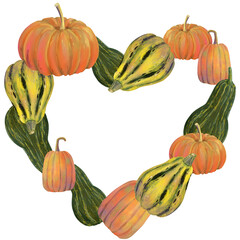 Autumn season hand drawn bright pumpkins heart shape wreath or frame  with copy space. Fall clipart in watercolor style. Good for seasonal designs, harvest themes, Halloween, Thanksgiving.
