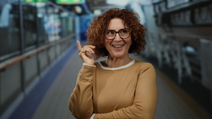 Middle aged woman with glasses smiling on a boat deck outdoors by the sea, showcasing brunette hair and casual attire against a nautical backdrop, highlighting leisure travel.