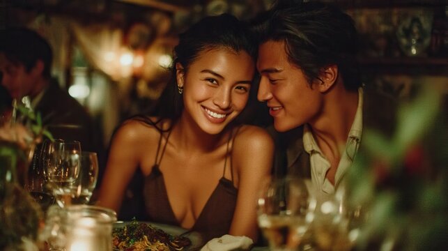A happy young asian couple smiling at the camera during an intimate dinner date at a restaurant, with warm lighting