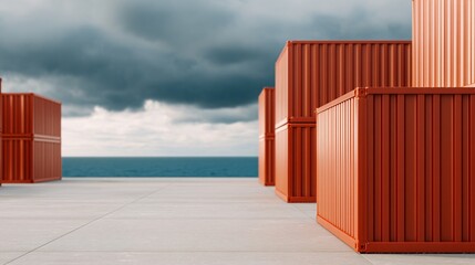 Shipping container terminal with export goods ready for overseas markets and cloudy economy sky