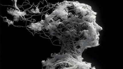 Abstract silhouette of human head filled with tangled wires or clouds. Concept : Mental health, anxiety, overthinking, emotional stress, cognitive overload, psychological struggle, abstract expression