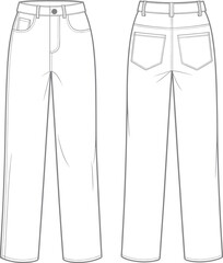 Women’s straight leg jeans, front and back view, flat fashion sketch, vector clothing design, apparel technical drawing, denim pants, casual wear