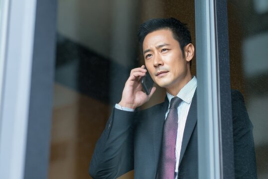 On Phone Looking Out Window. Asian Businessman Making Call From Office Building