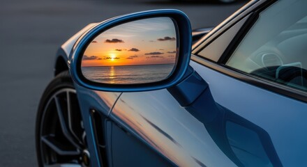 Reflection of a beautiful sea sunset in the side mirror of a blue modern sports car
