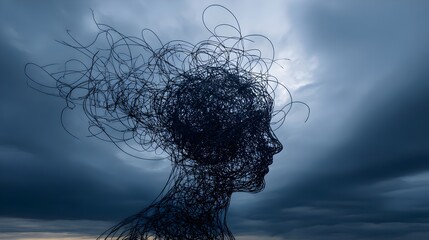 Abstract silhouette of human head filled with tangled wires or clouds. Concept : Mental health, anxiety, overthinking, emotional stress, cognitive overload, psychological struggle, abstract expression