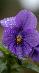 Purple pansy bloom glistening with raindrops evoking serenity and freshness
