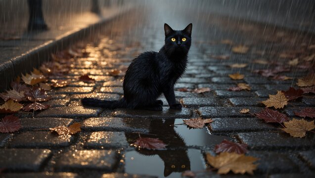 Black Cat on Rainy Cobblestone Street with Autumn Leaves - Powered by Adobe