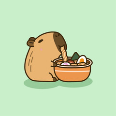 A charming vector illustration of a cute capybara happily enjoying a delicious bowl of ramen noodles.