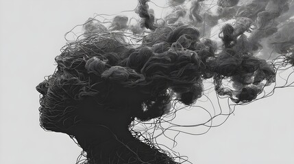 Fototapeta premium Abstract silhouette of human head filled with tangled wires or clouds. Concept : Mental health, anxiety, overthinking, emotional stress, cognitive overload, psychological struggle, abstract expression