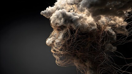 Abstract silhouette of human head filled with tangled wires or clouds. Concept : Mental health, anxiety, overthinking, emotional stress, cognitive overload, psychological struggle, abstract expression