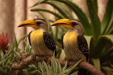 Obraz premium Pet Finch. Close-Up Indoors: A pair of Zebra Hornbills on Aloe Branch with Tropical Flora