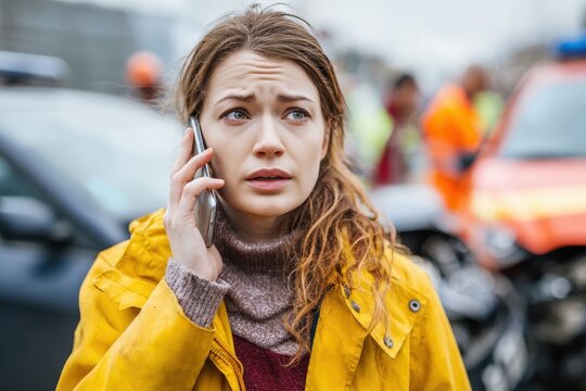 Shocked Car Driver. Female Driver Calling for Emergency Service After Car Accident