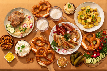 Top view of German feast with diverse traditional dishes