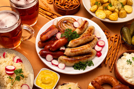 German feast with traditional sausages and sides