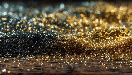 Blending gold and silver glitter on a wooden surface