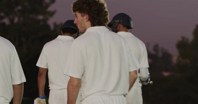 After teammates exiting pavilion Diverse batsmen stepping crease gripping gloves preparing for ball