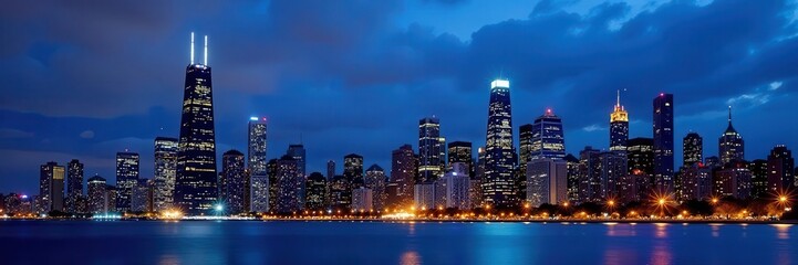 Obraz premium Night Chicago skyline, white background, iconic buildings illuminated, metropolis, contrast, lights