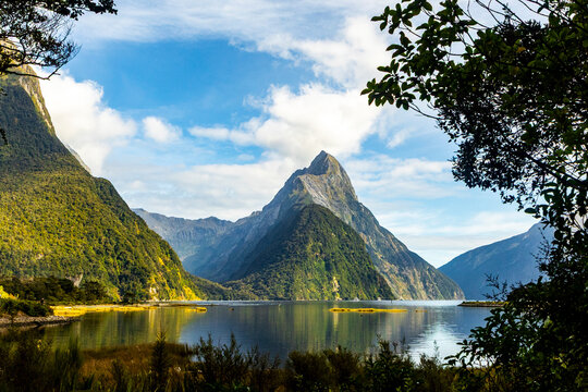 Scenic view of Mitre Peak at Milford Sound New Zealand
