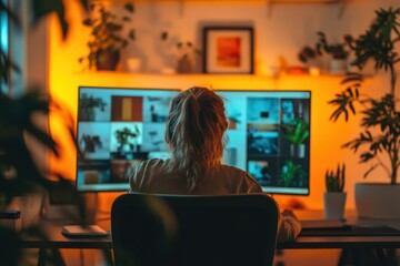 Woman working at computer in warm light