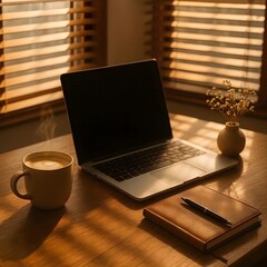 Fototapeta premium Cozy coffee break with laptop and notebook
