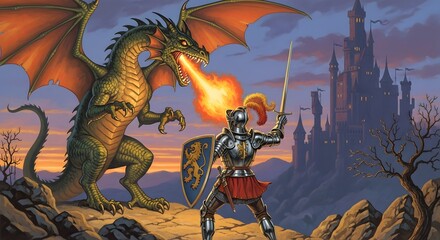 Knight in armor battling a fire-breathing dragon in a medieval landscape at sunset