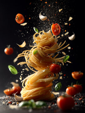 Levitating Spaghetti With Flying Tomatoes And Garlic.