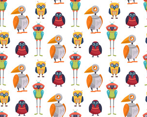Vector seamless pattern with cute cartoon robot birds on white background. texture with colorful bird automatons. Future pets. Background for fabric and wallpaper