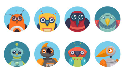 Vector illustration of colorful cartoon robot birds in round icons. Perfect for children s books, app avatars, stickers, or games. Modern flat style with bright colors and playful design.