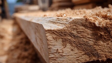 Detailed close-up of a newly planed wooden beam adorned with a generous accumulation of fine wood shavings, symbolizing the essence of carpentry and sustainable craft.