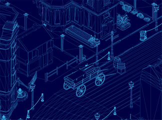 A medieval town blueprint features a horse-drawn carriage on a cobbled street surrounded by detailed buildings, lampposts, and greenery. The wireframe design contrasts against a deep blue background.