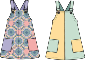 Cute kids overall dress fashion flat sketch, featuring colorful design variations, ideal for children’s wear vector templates, sewing, clothing or apparel illustrations