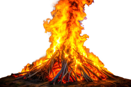 A large bonfire with bright orange and yellow flames burning intensely against a transparent background, symbolizing energy and warmth
